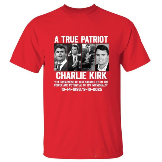 A True American Patriotic Charlie Kirk The Greatness of Our Nation T-Shirt, Wear Red on October 14th as Charles James Kirk Day Tee, Charlie Kirk Birthday Tee, Front Side Graphic Design Unisex Cotton T-shirt for Men for Women Menswear Womenswear