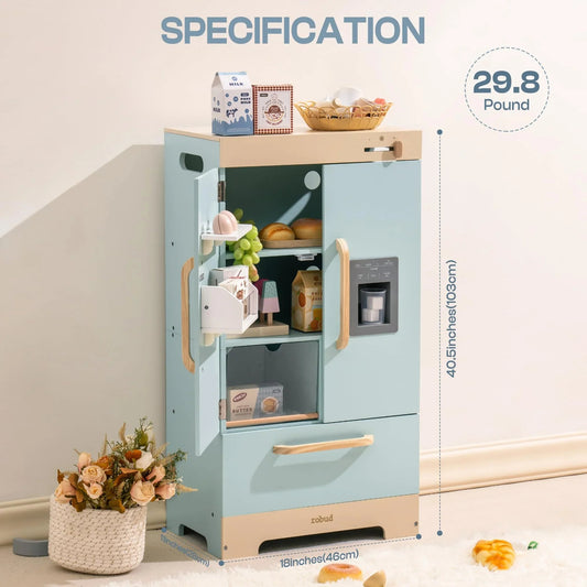 Blue Wooden Play Kitchen Refrigerator with Ice Dispenser
